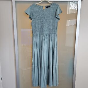 Blue Green Midi Sundress with Crew Neck and Flutter Sleeves